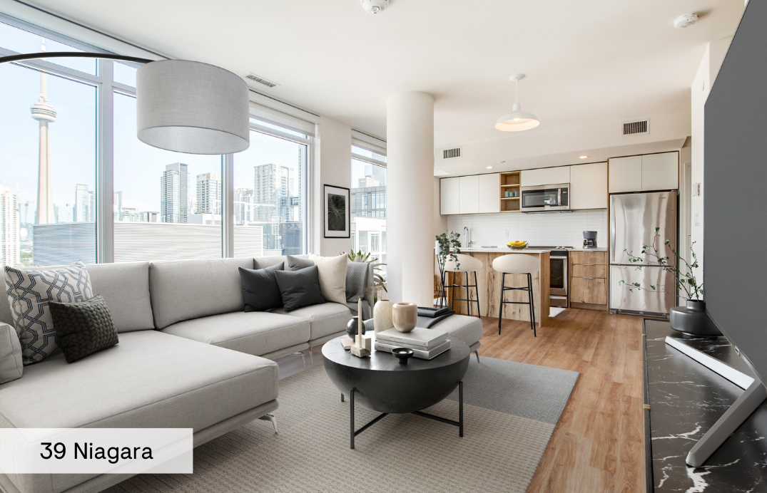 Learn More About the Building. Kitchen Bar Dining Room at 123 Portland in Toronto. Condo in King West by Minto Communities.